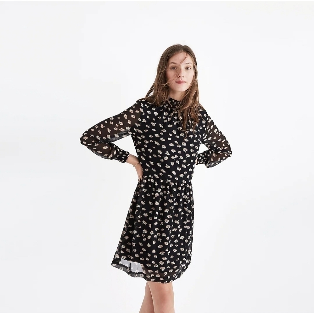 Madewell Mock Neck Floral Chiffon Midi Polyester 70's Dress cuff sleeve Size XXS